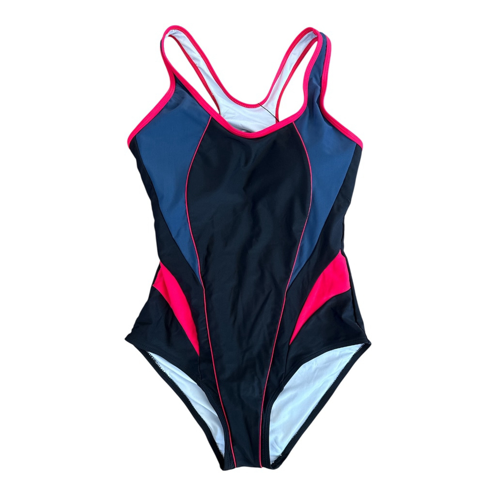 Women's Athletic One-Piece Swimsuit, Navy Blue with Pink Trim, Size 10